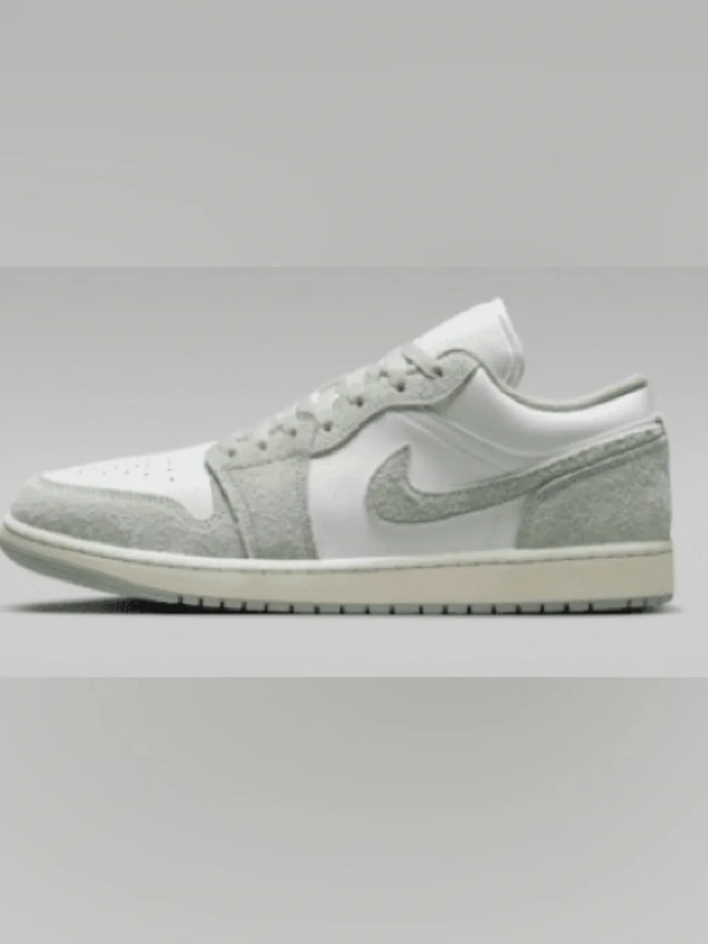 Jordan Low-Top Sneaker in White and Light Sea Foam Green Suede